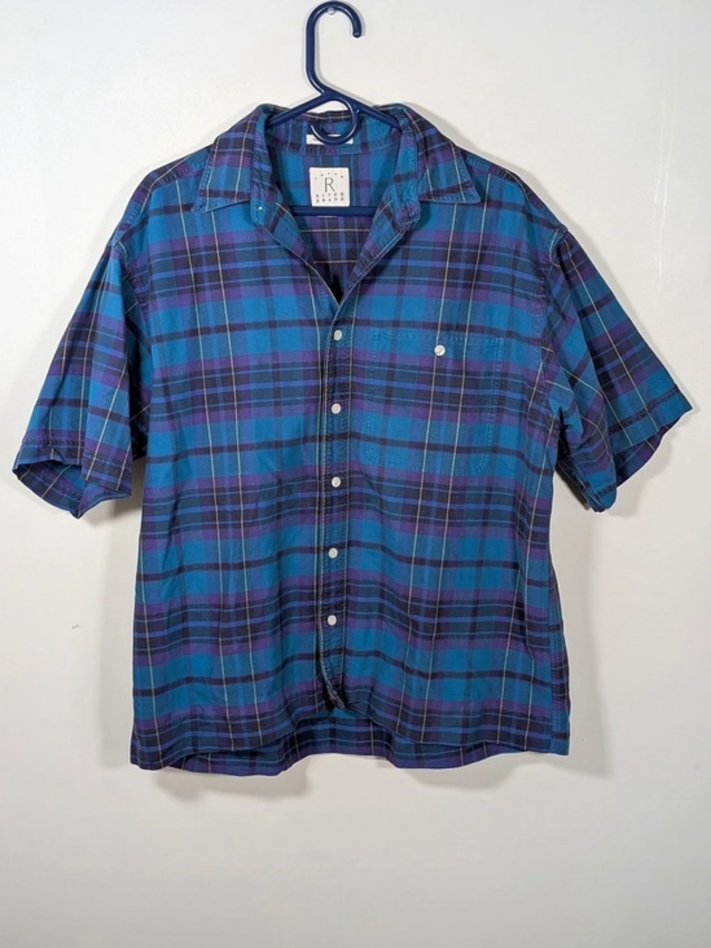 River Brand Plaid Short Sleeve Shirt in Blue & Purple Size Large